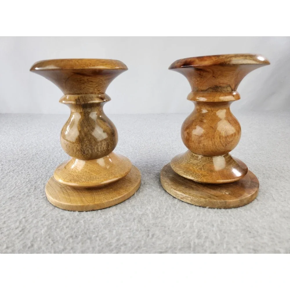 Pottery Barn Candle Holder Turned Wood Pillar Bougeoir Vintage MCM Wooden Decor
